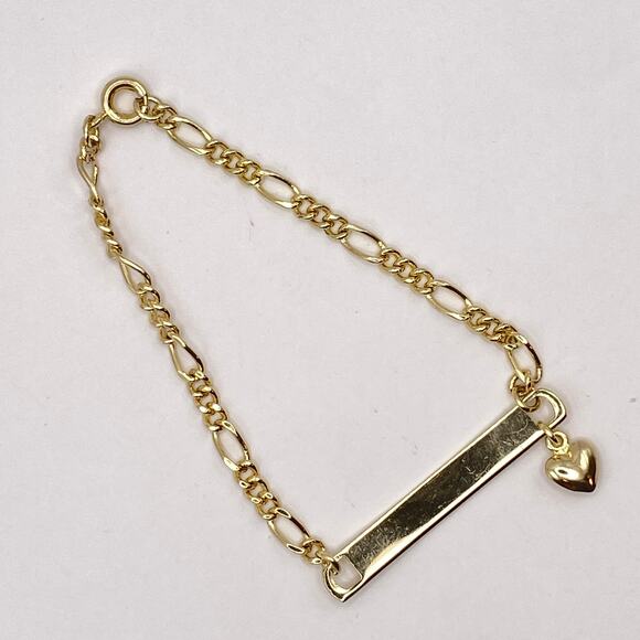 EMILY 10K Gold Plated ID Bracelet Heart Charm Pink Crystal Figaro Chain 6 1/4" - Picture 5 of 7